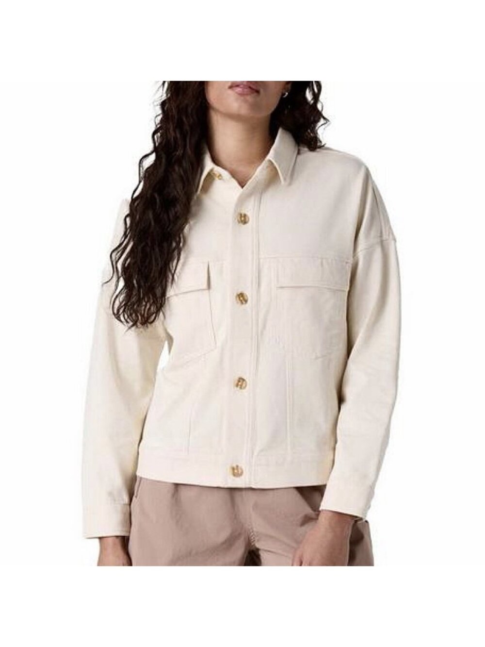 Vuori Mackenzie Cropped Shirt Jacket Natural Cream Shacket Long Sleeve Sz Medium